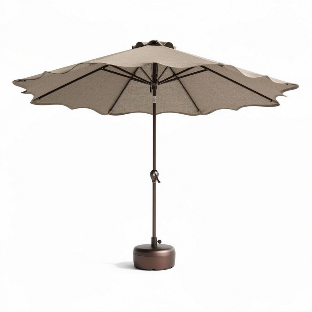 Outdoor patio umbrella with aluminum frame and 9-foot canopy in tan