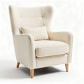 Cream fabric armchair with wood legs and removable cushion for living room use