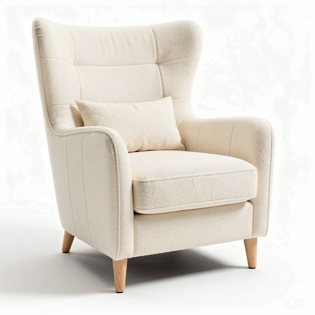 Cream fabric armchair with wood legs and removable cushion for living room use