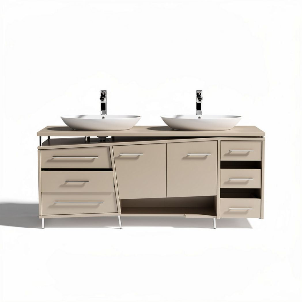 Double sink bathroom vanity in beige finish with storage cabinets 150 x 45 x 85cm