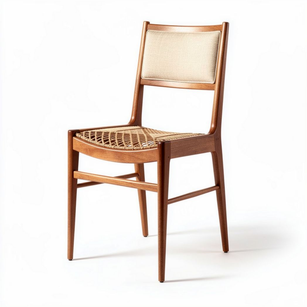 Wooden dining chair with woven seat and upholstered back, 45 x 45 x 85cm
