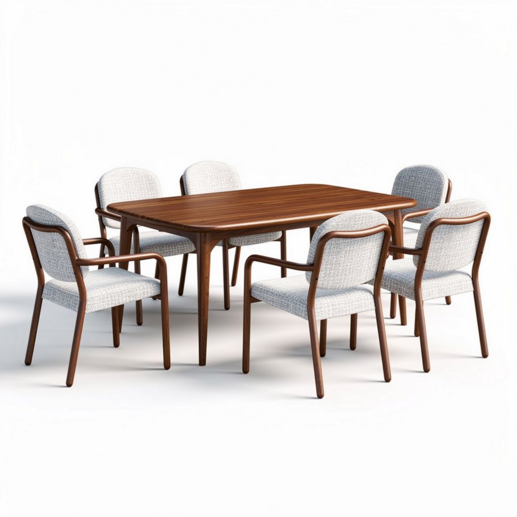 Wooden dining table set with six woven chairs in natural finish 200 x 100 x 75cm