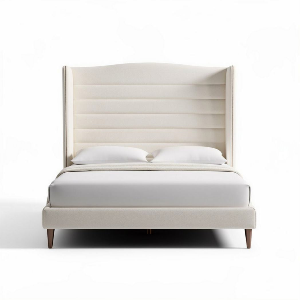 Upholstered bed frame with headboard in cream color dimensions 200 x 160 x 120cm