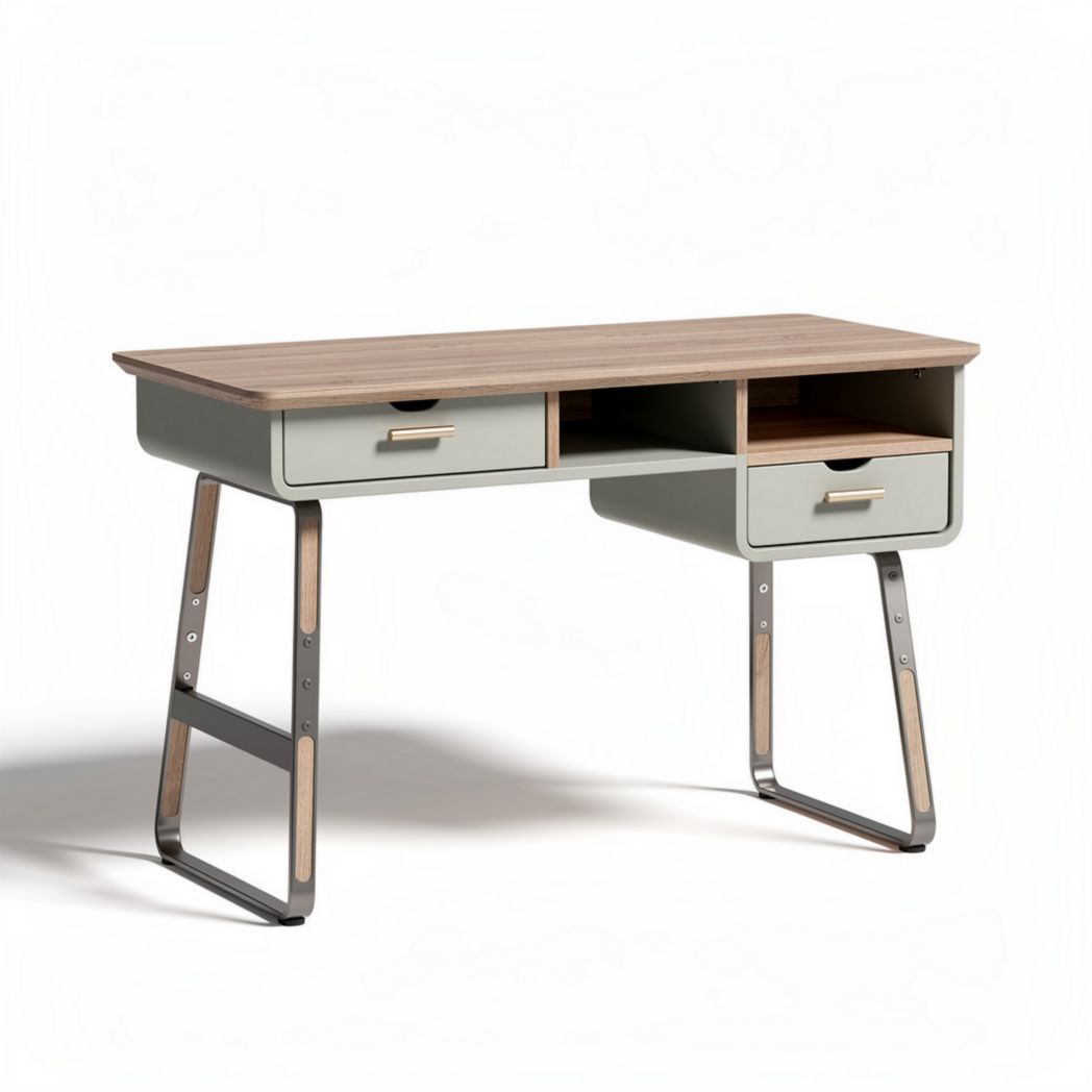 Wooden writing desk with storage drawers in green and natural wood finish 120 x 60 x 75cm