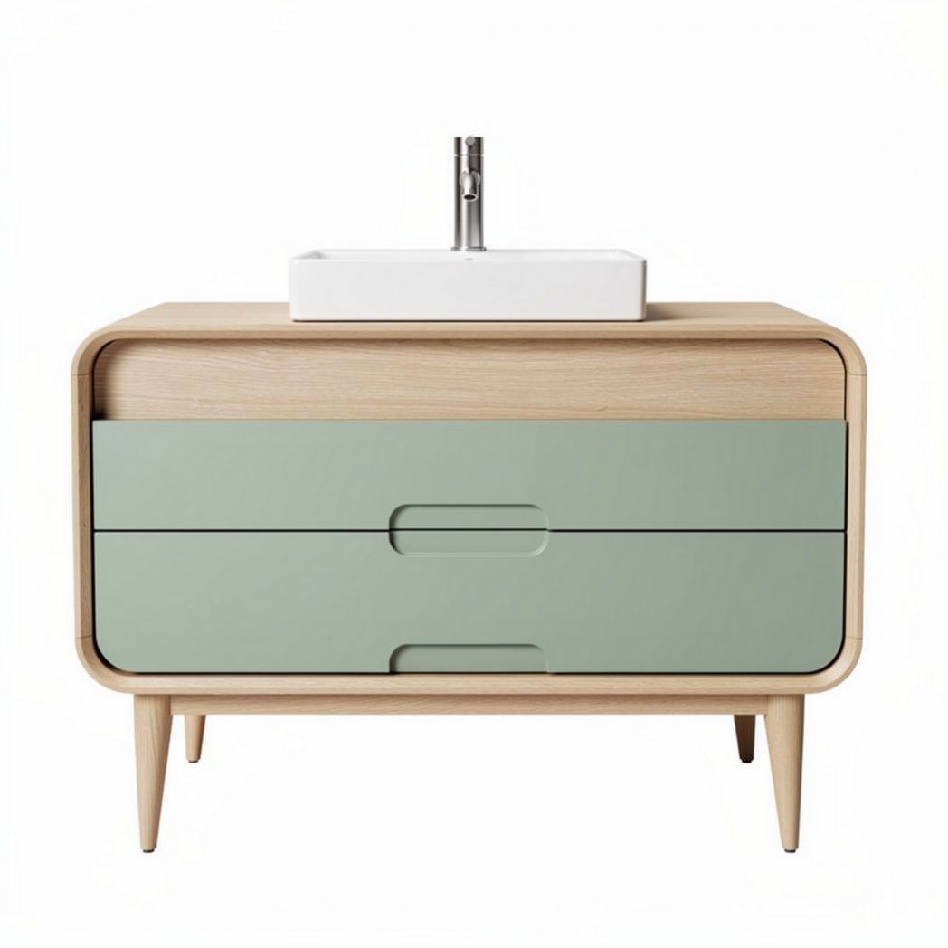 Wooden bathroom vanity with green drawer front and ceramic sink 80 x 50 x 85cm