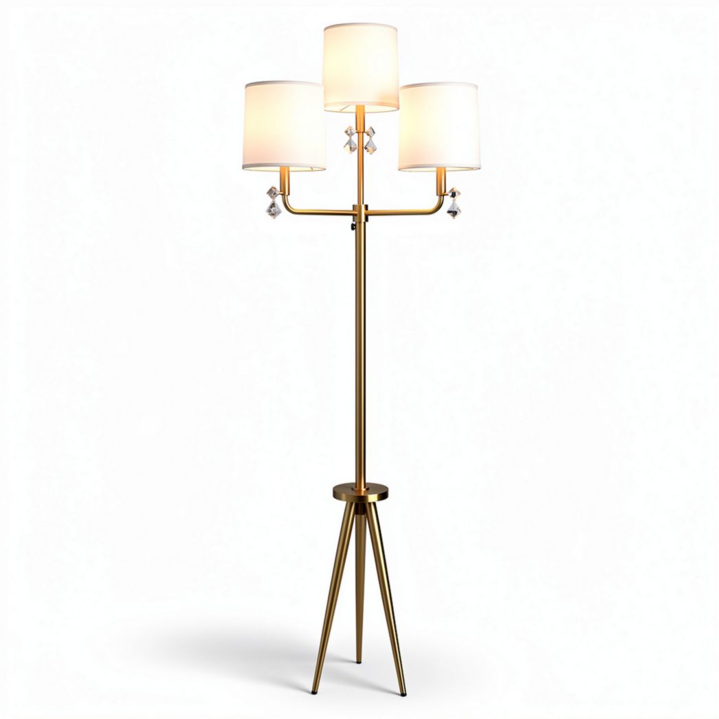 Tripod floor lamp with three fabric shades in gold finish 20 x 20 x 150cm