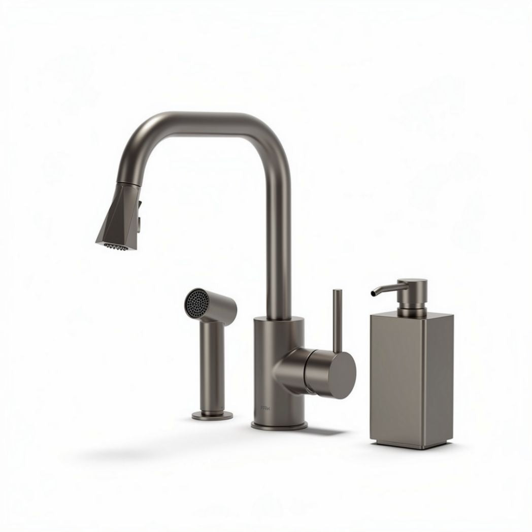 Matte black kitchen faucet set with pull-down sprayer and soap dispenser